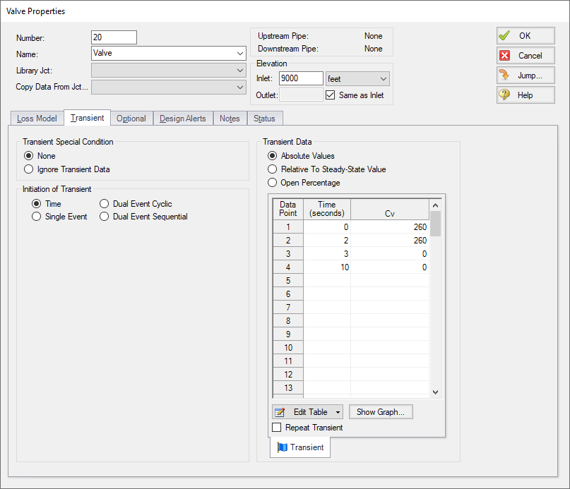 The Transient tab of the Valve Properties window. Transient data is entered into a table.